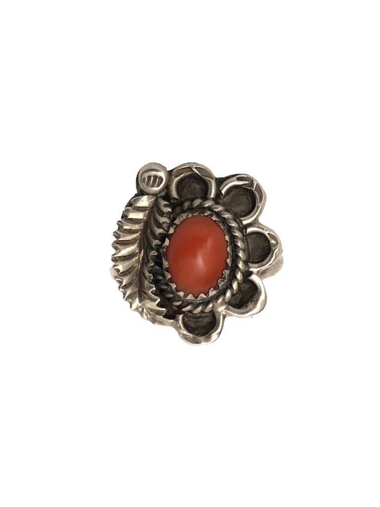 Navajo Vintage Coral Feather Leaf Ring Sz 6 Southwestern Estate Find